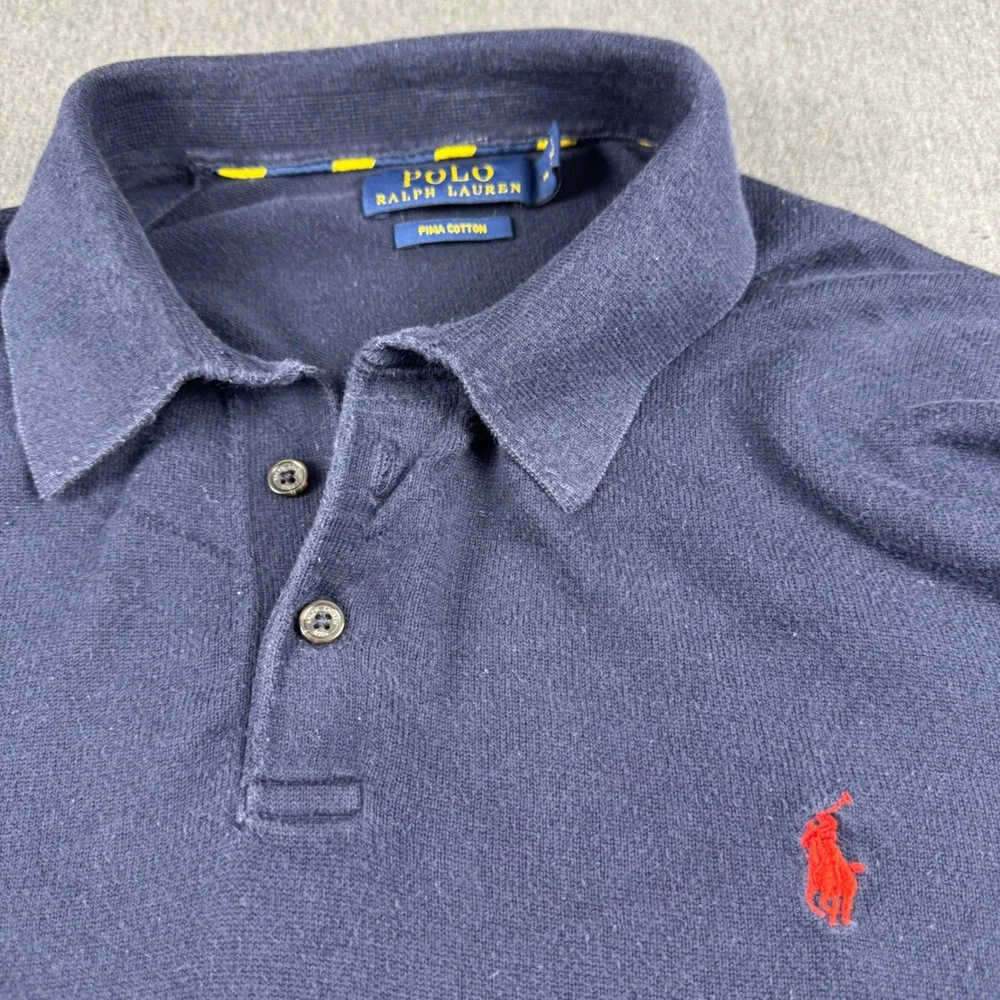 Polo Ralph Lauren Men Navy Blue Pima Cotton Long Sleeve Polo Sweater Size M